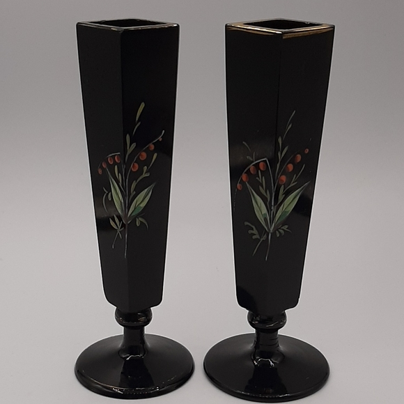 Pair Antique Black Glass Bus Vases Hand Painted Enamel Floral Gold Gilt Accent - Picture 5 of 10